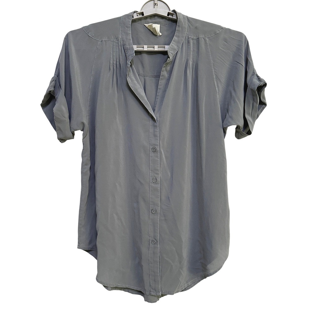 Maeve Anthropologie 100% Silk Blouse LP Gray Button Down Short Sleeve Minimalist